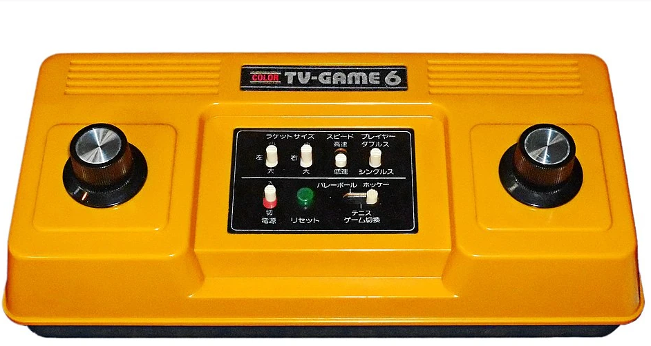 A yellow video game console with two large knobs and several buttons, labeled 'Color TV-Game 6'.